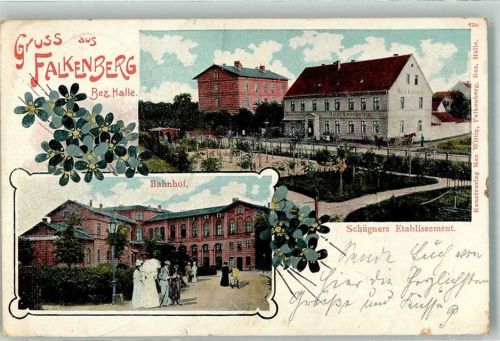04895 O7900 Falkenberg , Elster 1902 Lithographie Bahnhof Etablissement Schügner