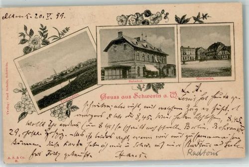 Schwerin a. Warthe 1899 Bahnhof Martecke Gruss Blumen