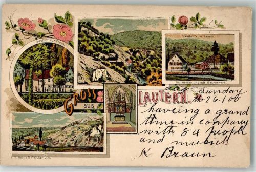 Blaustein 1900 Lithographie Gasthaus zur Krone Lautersprung m. Wasserwerk
