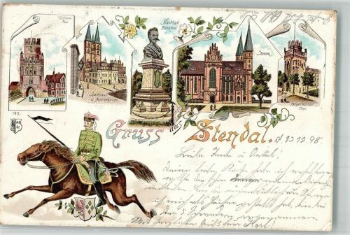 39576 O3500 Stendal 1898 Lithographie Nachtigal Denkmal Rathaus Marienkirche Tangermünder Tor