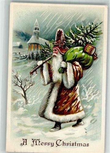 1919 Merry Christmas Mantel mit Pelz Tannenbaum Kirche