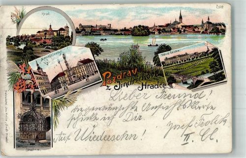 Jindrichuv Hradec Neuhaus 1899 Lithographie Burg Marktplatz Denkmal