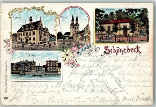 Schönebeck 1898 Lithographie Elbtor Rathaus Kirche Schützenhaus Bahnpost Leipzig- Zg. 145
