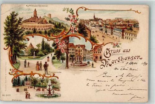 99734 O5500 Nordhausen , Thür 1899 Gebrauchsspuren Lithographie Bahnpost Halle Cassel Zug 572 10.5.99 Lutherdenkmal