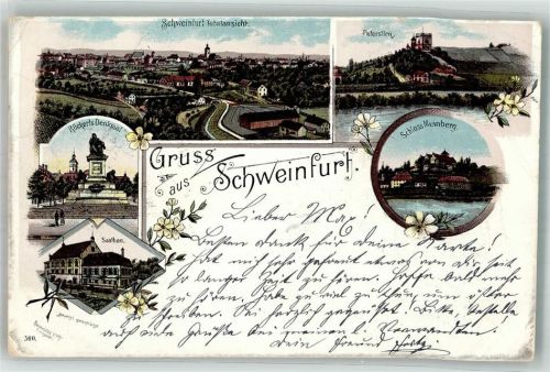 Schweinfurt 1896 Lithographie Rückerts-Denkmal Saalbau Schloss Meinberg