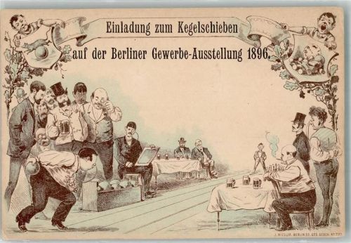 Treptow 1896 Gewerbe-Ausstellung 1896 Einladung zum Kegelschieben Vignette