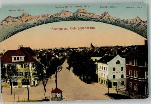 Buchloe 1914 Buchloe mit Gebirgspanorama Kiosk Bahnhof-Hotel Zugspitze Tegelberg Thaneller Gernspitze