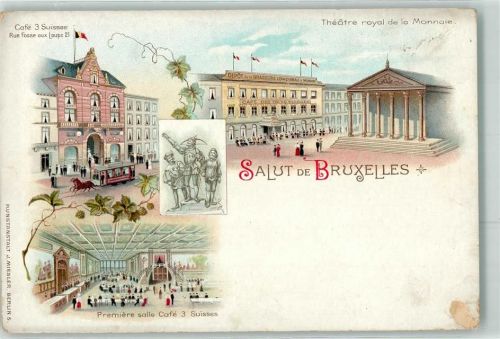 Brüssel Bruxelles Lithographie Gasthaus Cafe 3 Schwestern Pferdestraßenbahn Theatre royal de la Monnaie