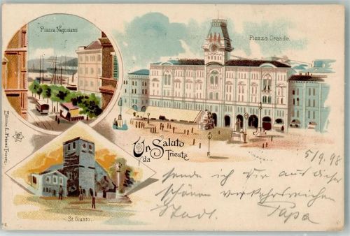 34100 Trieste / Triest / Trst 1898 Gebrauchsspuren Lithographie Piazza Grande Piazza negozianti St. Giusto