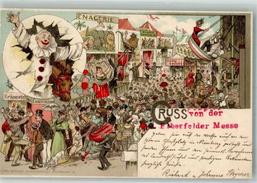 Elberfeld 1898 Lithographie Karussell , Menagerie Clown / Stauchung