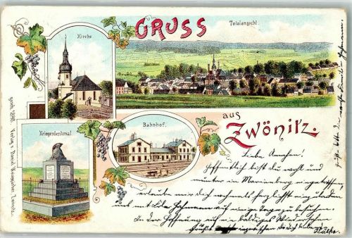 08297 O9417 Zwönitz 1899 Lithographie Bahnhof Kriegerdenkmal