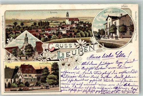 Leuben 1898 Schloss Schleinitz Bahnhof Leuben Turmhaus Bahnpost -Freiberg Zug 1173