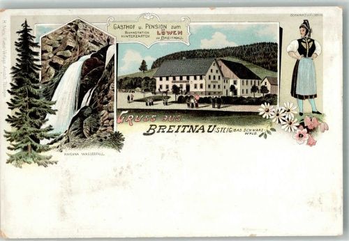 Breitnau Lithographie Ravenna Wasserfall Gasthaus zum Löwen Schwarzwälder Trachtenmädchen