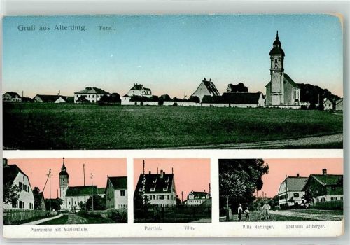 85435 W8058 Altenerding - Pfarrkirche Mariensäule Pfarrhof Villa Gasthaus Adlberger Villa Hartinger