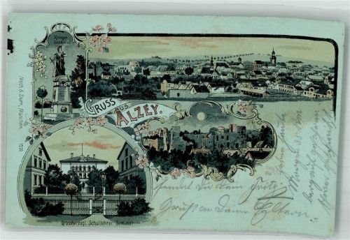 Alzey 1900 Kriederdenkmal Grossherzgl. Schullehrer Seminar Burgruine Verlag Moch und Stein-München Bahnpost Mainz-Kirchheim Zug 483