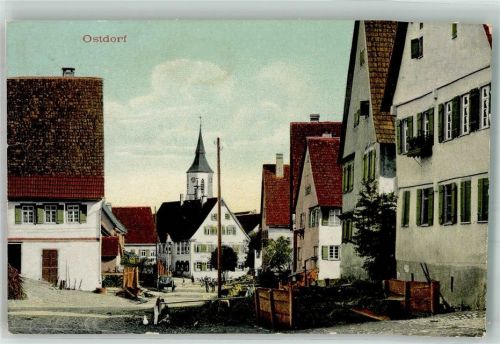 Ostdorf 1911 Dorfstrasse Gänse Dorfkirchturm