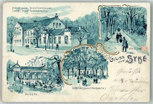 Syke 1901 Lithographie Waldweg Im Friede Hotel zum Schützenhaus Veranda