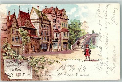 Wien 2. Bezirk, Leopoldstadt sign R. Moser Alt-Wien Etablissement Gasthaus Venedig Vergnügungspark Prater Kunstgeschichte Wien Lithographie / Künstlerkarte