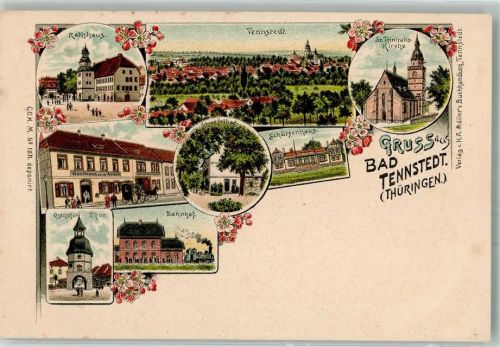 99955 O5822 Bad Tennstedt Lithographie Osthöfer Tor Gasthaus zum Anker Rathaus St. Trinitatis-Kirche