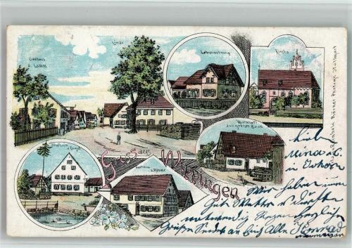 Wippingen 1904 Lithographie Gasthaus zum Engel Lehrerwohnung Gasthauszum Rössle Dorflinde Gasthaus zum Lamm