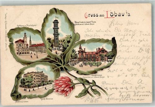Löbau 1901 König Friedrich August-Turm Kgl. Seminar Rathaus Nicolaikirche Gasthaus Honigbrunnen Bahnpost Giessen-Breslau