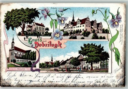 03253 O7981 Doberlug-Kirchhain 1902 Lithographie Dobrilugk Schloss Marktplatz Schule