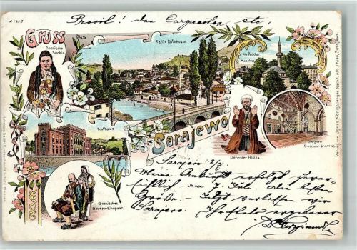 Sarajevo Tracht Rathaus Bauern Ehepaar Alifakovac Ali Pascha Moschee Betender Hodza Lithographie