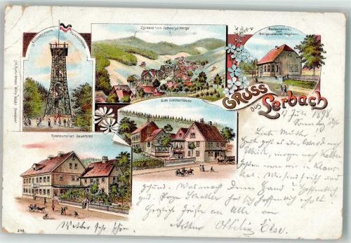 Lerbach 1898 Lithographie Aussichtsturm Gasthaus Sauerbrey Gasthaus zum Schützenhaus Schwarzeberge