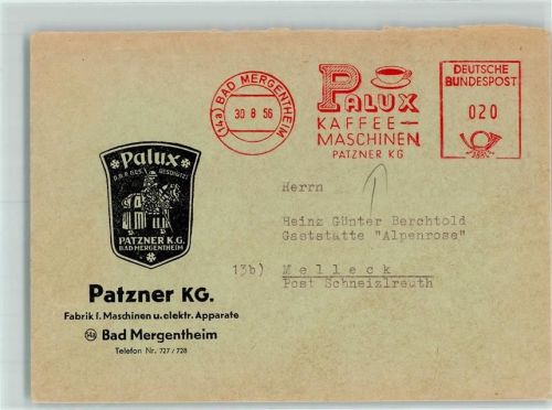 Bad Mergentheim Briefumschlag Patzner KG Maschinenstempel Palux Kaffee Maschinen