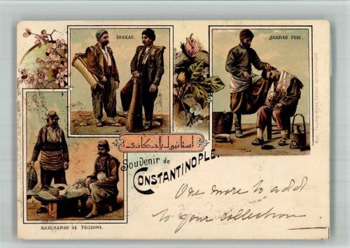 Konstantinopel 1900 Tracht Beruf Barbier Sakkas Marktszene Lithographie
