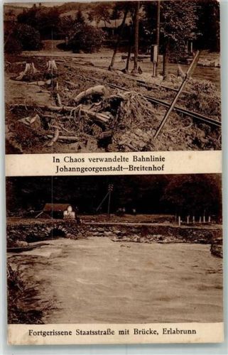 08349 O9438 Johanngeorgenstadt 1931 Gebrauchsspuren Wolkenbruch-Katastrophe 6. Juli 1931 Verwüstete Bahnlinie Unterschwemmte Staatsstraße in Erlabrunn Foto AK
