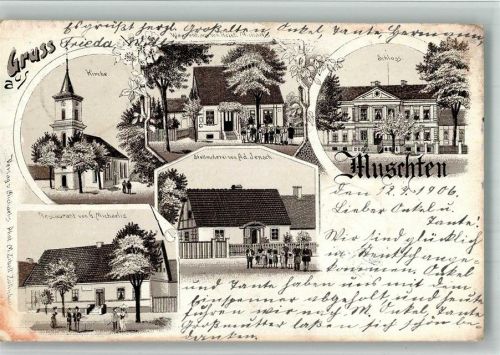 Muschten 1906 Kirche Stellmacherei Schloss Gasthaus Lithographie