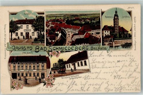 Bad Schmiedeberg 1904 Lithographie Gasthaus Bergschlößchen Hotel Malsch Kurhaus Reinharz-Schloss