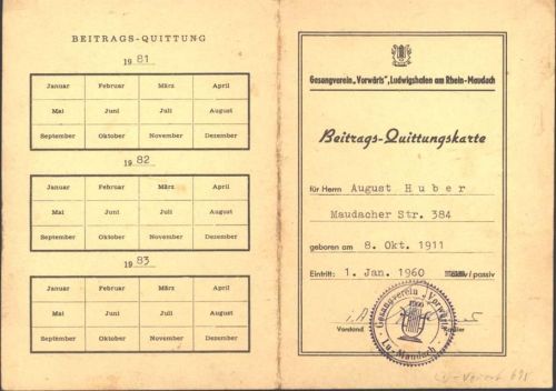Ludwigshafen Beitrags-Quittungskarte 1960 Gesangsverein Vorwärts; KEINE AK, ca. 21,5x15,5 aufgeklappt