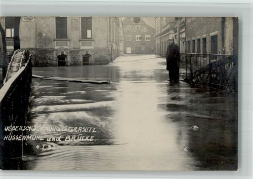 Kraslice 1932 Überschwemmung Hussenmühle Brücke Foto AK