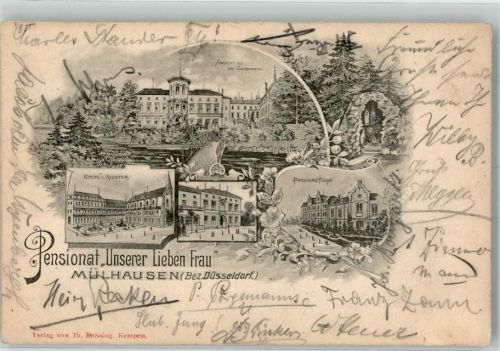 47929 W4155 Mülhausen 1906 Lithographie Pensionat Unserer Lieben Frau Kirche Kloster Madonnen-Grotte