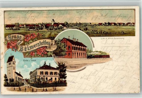 Beimerstetten 1900 Lithographie Bahnhof Eisenbahn Kirche Schule