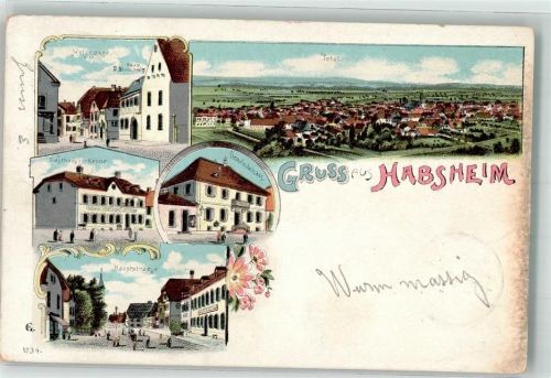 68440 Habsheim 1900 Lithographie Holzgasse Gasthaus zur Krone Hauptstrasse
