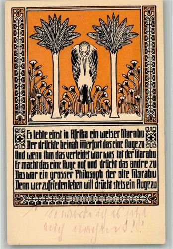 Geschichte vom weisen Marabu Lithographie Jugendstil Spruch aus d. Fliegenden Blätter