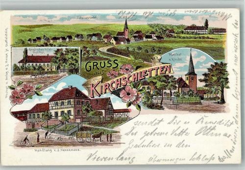 Kirchschletten 1903 Lithographie Engl. Filial-Institut Handlung Hennemann Pfarrhof Kirche