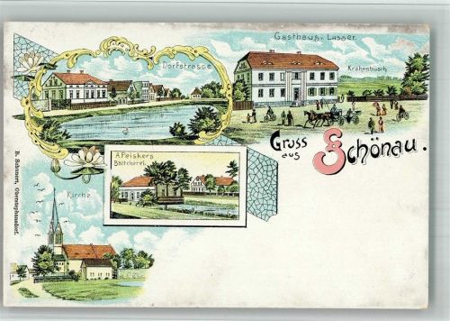 Schönau Gasthaus Lasser Böttcherei Peiskers Kirche Dorfstrasse Lithographie