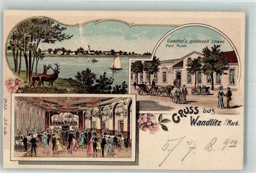 16348 O1292 Wandlitz 1908 Gebrauchsspuren Hirsch Rehkuh Gasthaus zum goldenen Löwen Ballsaal Lithographie