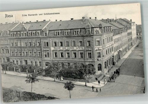Riesa 1909 Gasthaus zum goldenen Löwen Ecke Bismarck- und Schützenstrasse Fuhrwerk