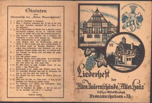 Assmannshausen Altes Liederheft der Alten Bauernschänke / Altes Haus