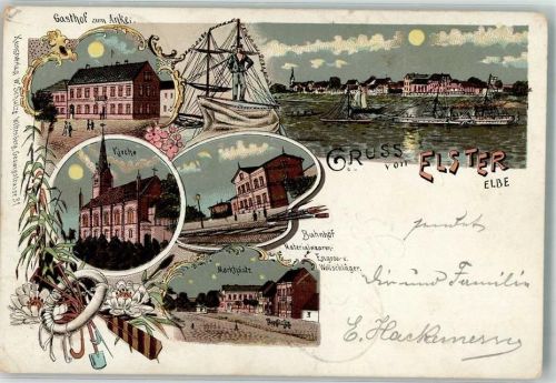 Elster 1899 Gasthaus Zum Anker Kirche Bahnhof Marktplatz Materialwaren Engros v. Wollschläger Raddampfer