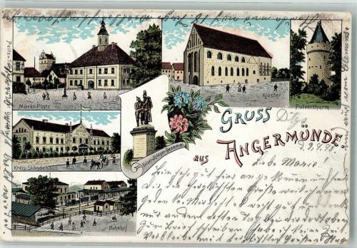 Angermünde 1898 Marktplatz Pulverturm Kreis-Ständehaus Bahnhof