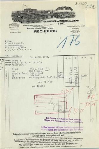 Zeitz Rechnung von 1934 E.A. Naether Kinderwagen- und Holzwarenfabrik