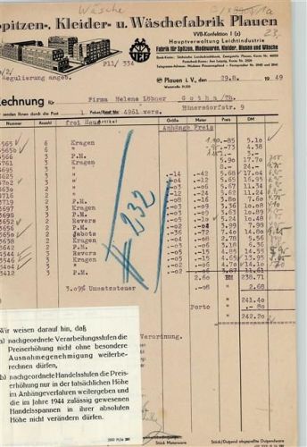 08523 O9900 Plauen Briefkopf Rechnung von 1949 Spitzen- Kleider- und Wäschefabrik Plauen VVB Konfektion I