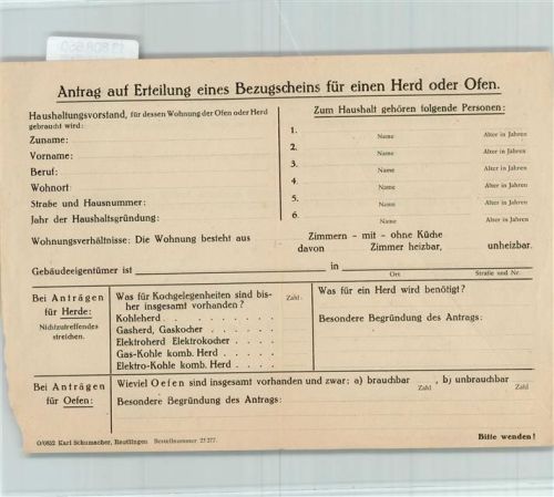 Antrag auf Erteilung eines Bezugscheins für Herd oder Ofen