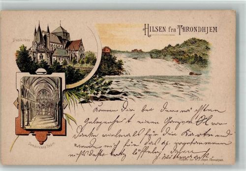 Trondheim Domkirche Wasserfall Lithographie Vorläufer